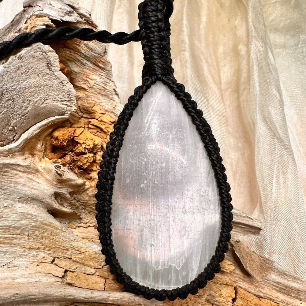 Genuine Selenite Crystal Macrame Necklace
